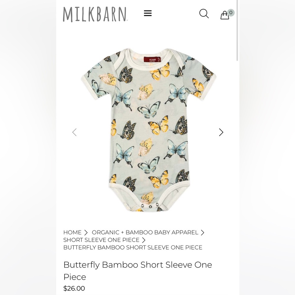 MILKBARN Butterfly Bamboo Short Sleeve One Piece 6-12 months